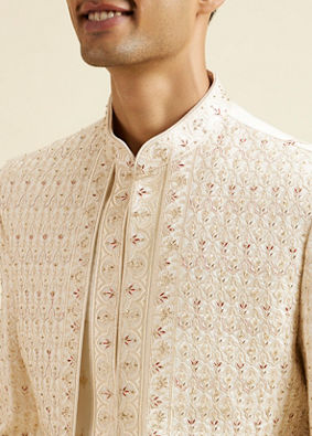 alt message - Manyavar Men Warm White Art Silk Sherwani image number 1